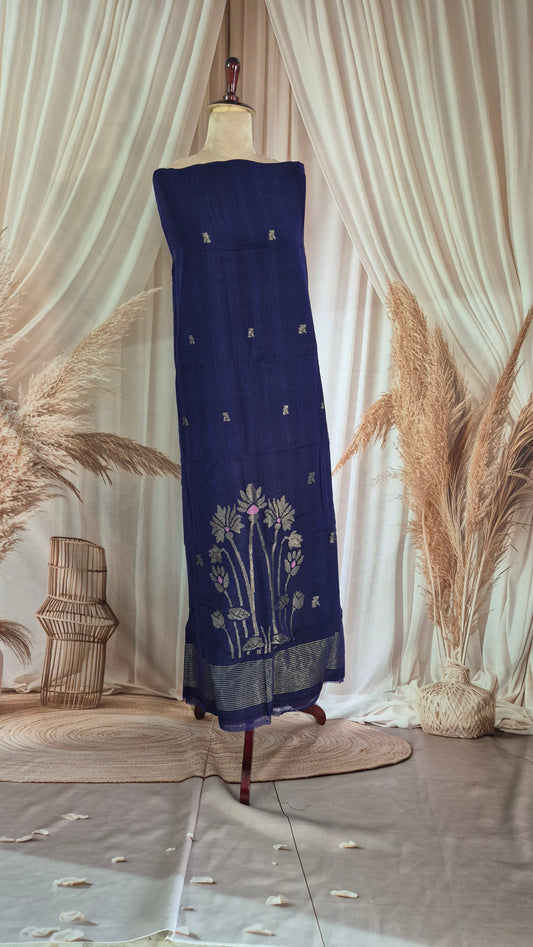 Blue Suit Set with Pink Border and Woven Lotus Motifs