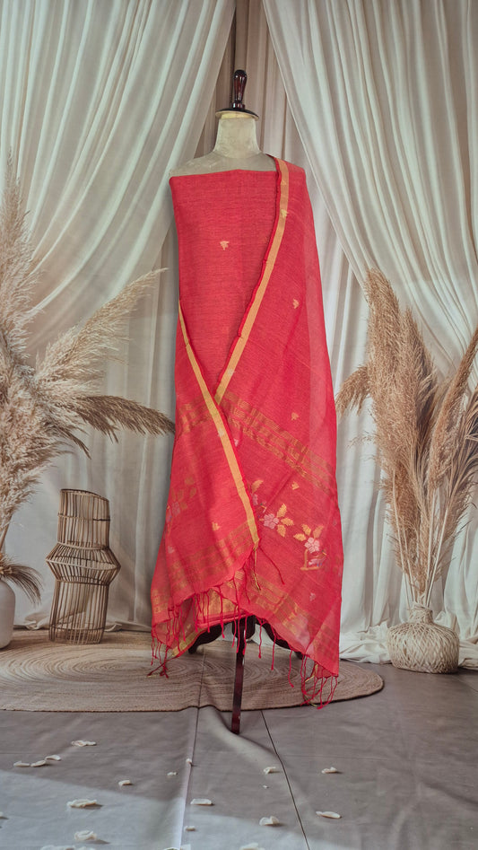 Coral Linen Suit Set with Woven Leaves and Floral Motifs