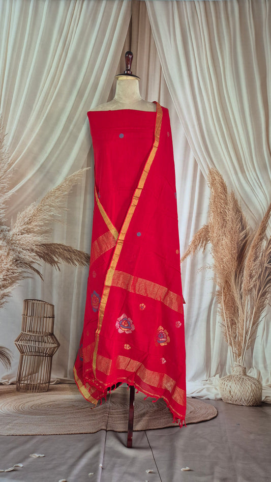 Bright Red Suit Set with Gold Zari Border and Woven Rose Motifs