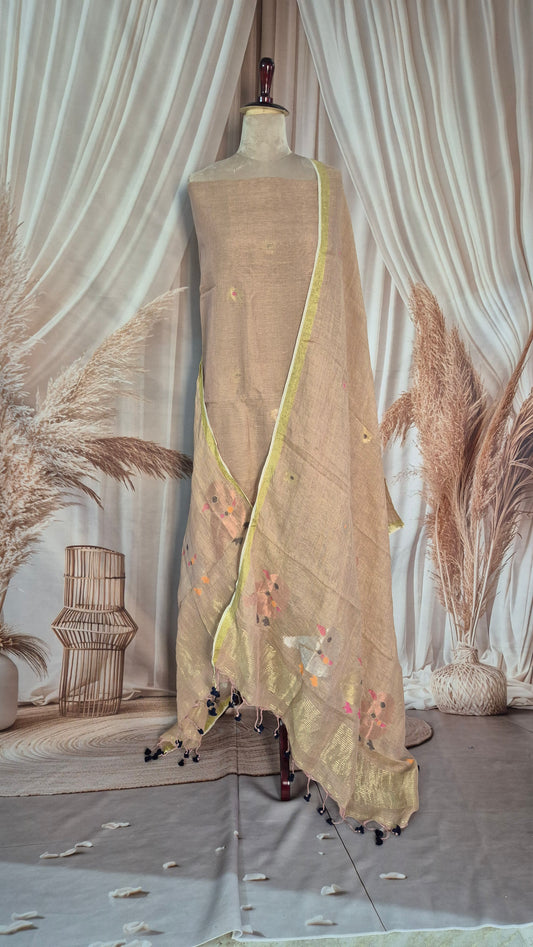 Beige Suit Set with Gold Zari Border and Woven Bird Motifs