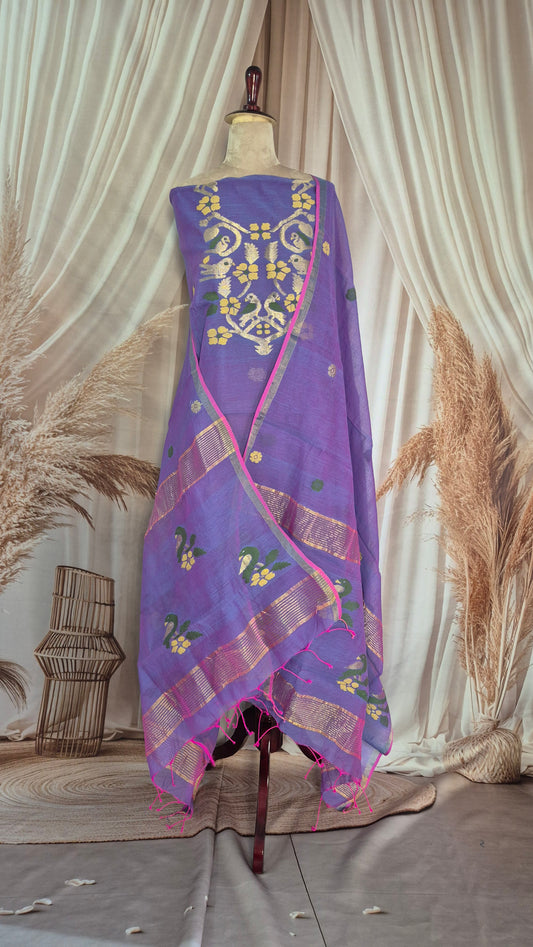Lavender Jamdani suit set with woven bird motifs and refined pink border